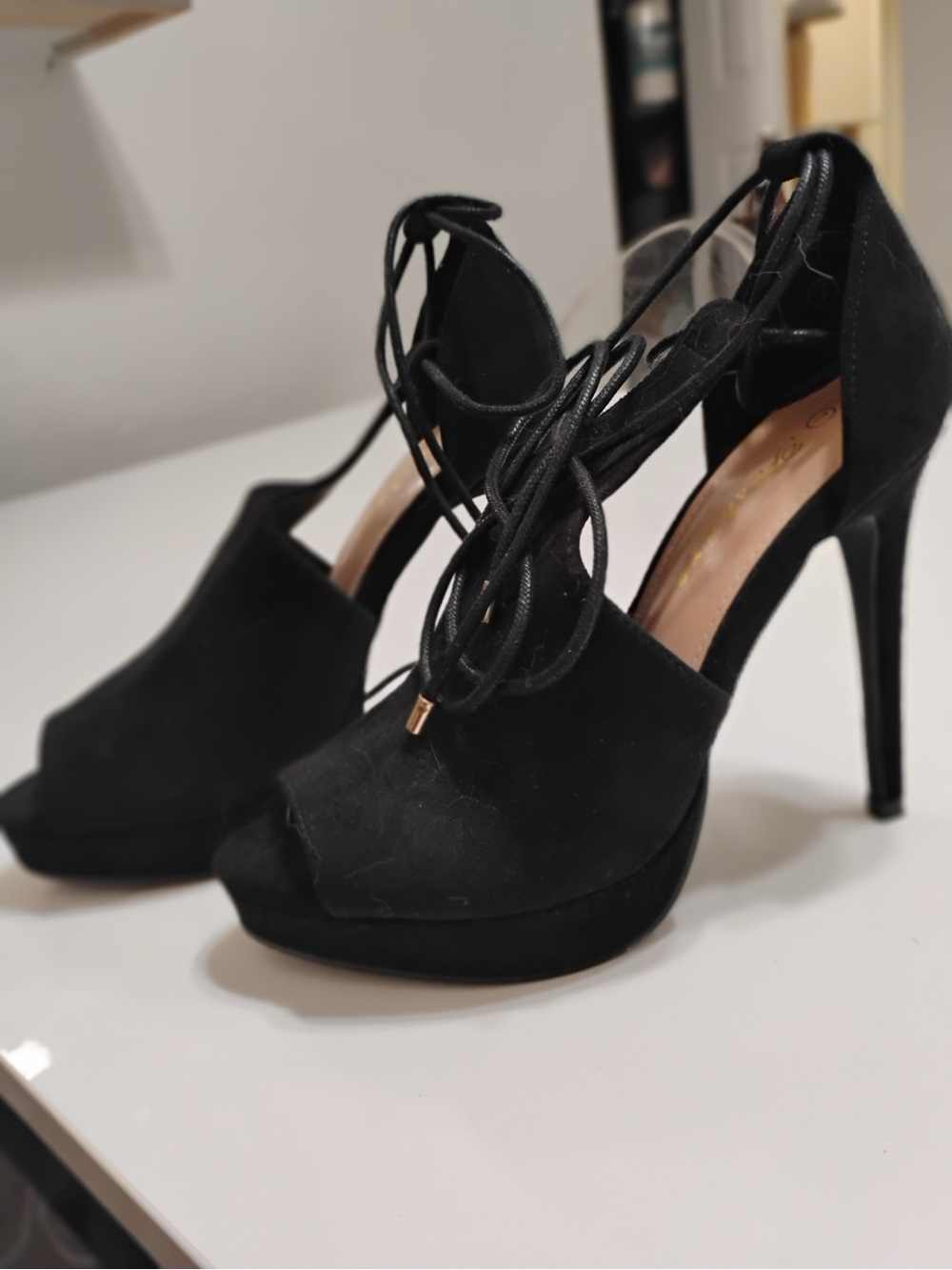 Black Lace-Up Suede Peep-Toe Stiletto Heels for Women